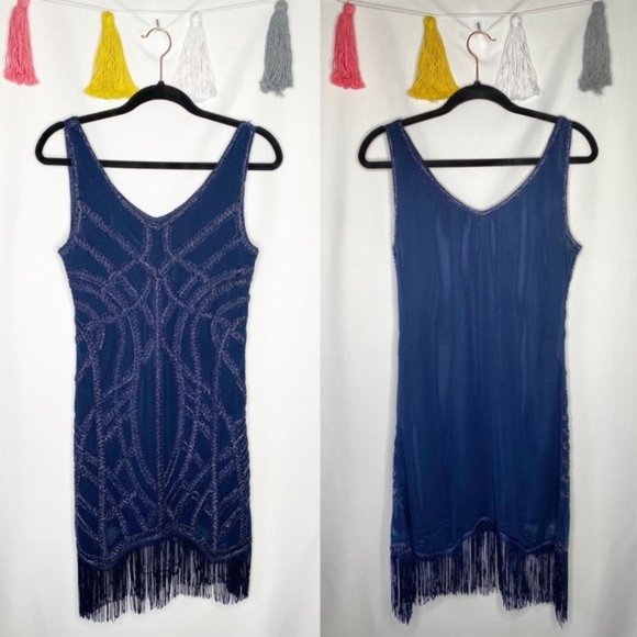 Alya Dresses & Skirts - Alya Navy Blue Beaded Fringe Flapper Mini Dress